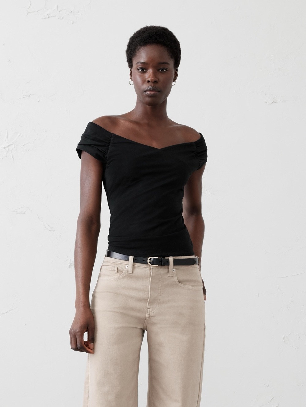 Banana Republic Black Soft Stretch Off Shoulder Women's Top L Large